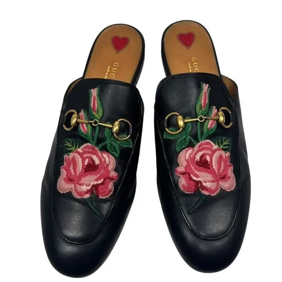Gucci Princetown Rose Embroidered Black Loafer Mules Sz 40 Designer Iconic Flats - Picture 4 of 11